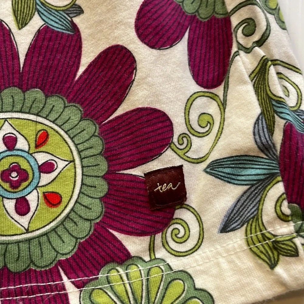 Tea cap sleeve off white with burgundy and green flowered dress, girls size 5